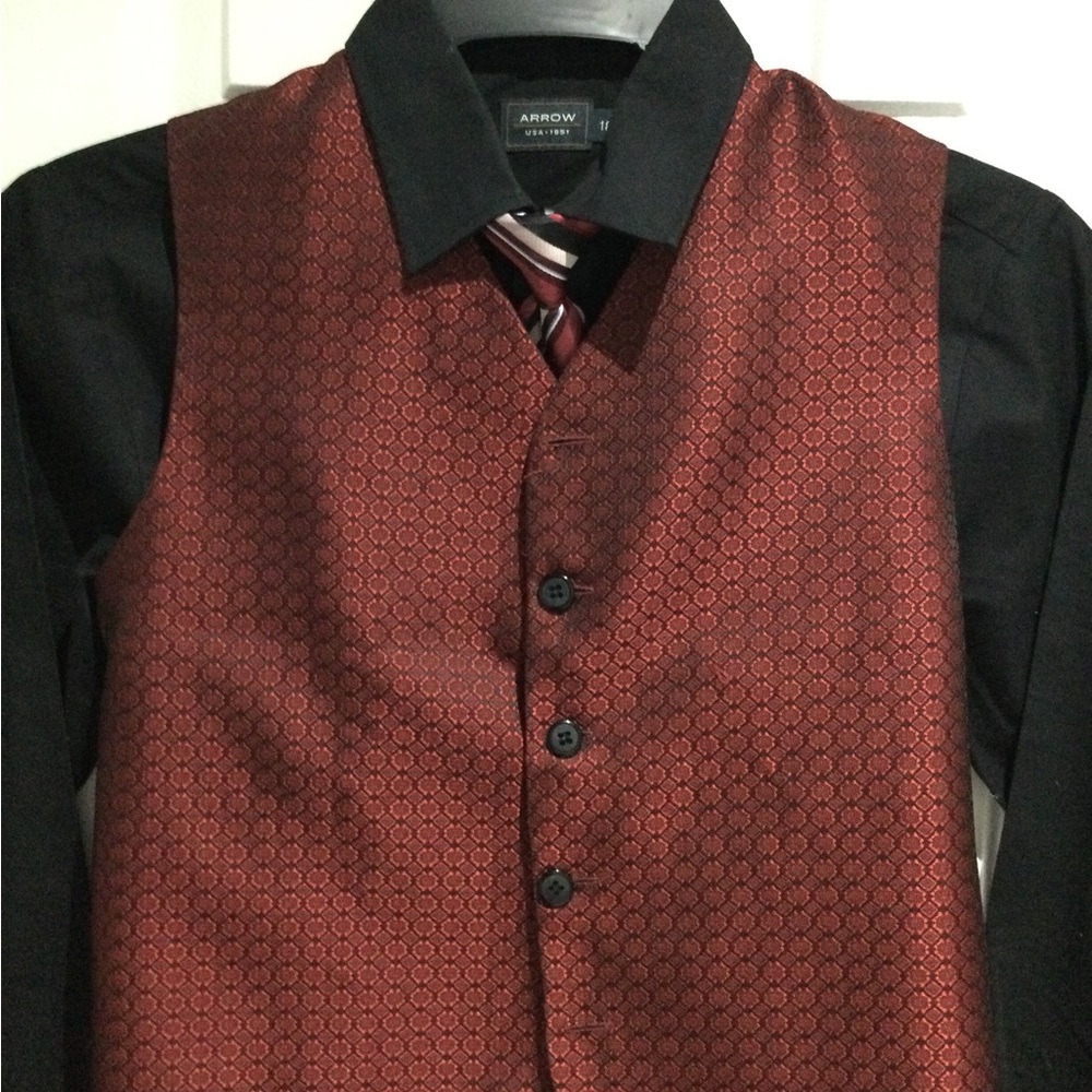 Boys 3 piece Set Red and Black Formal Vest, Shirt And Tie
